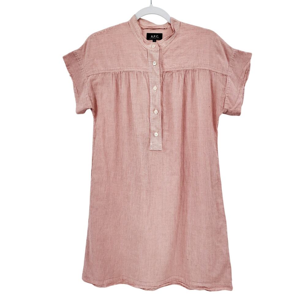 A.P.C. Coral Pink White Vertical Stripe Tunic Dress Mandarin Collar Women's Sz L